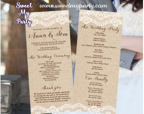 Rustic Wedding Program card tea length, Lace Burlap Wedding program tea length,(029w) 